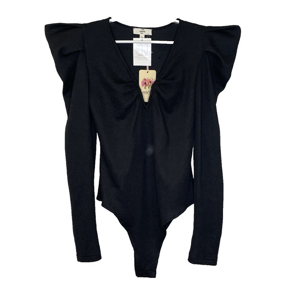 entro Tops - entro Bodysuit Womens Large Black Knit V-Neck Long Sleeve Pleated Shoulder NEW